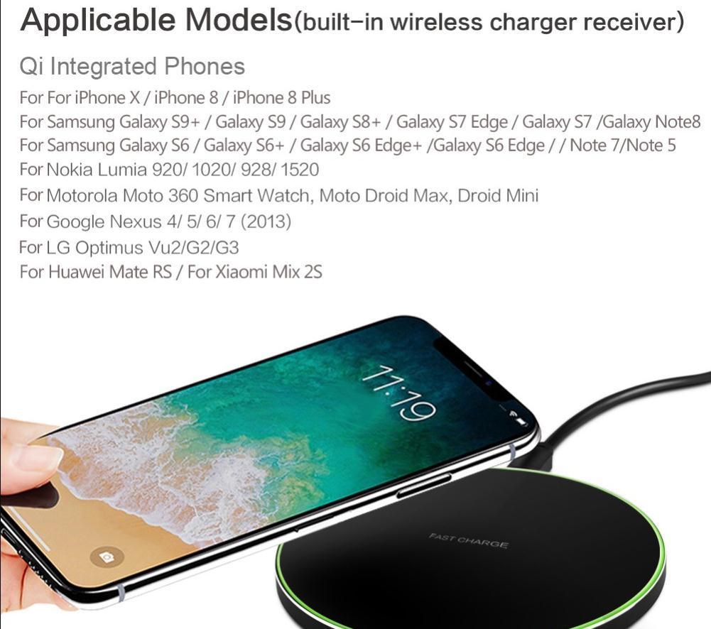 绿色 Fast Wireless Charging pad,Fosa Portable Desktop Charger with USB Cable for iphone8/iphone8plus/iphoneX SamsungNote5/S6/S6Edge/S6Edge/S7/S7Edge/S8/note8 